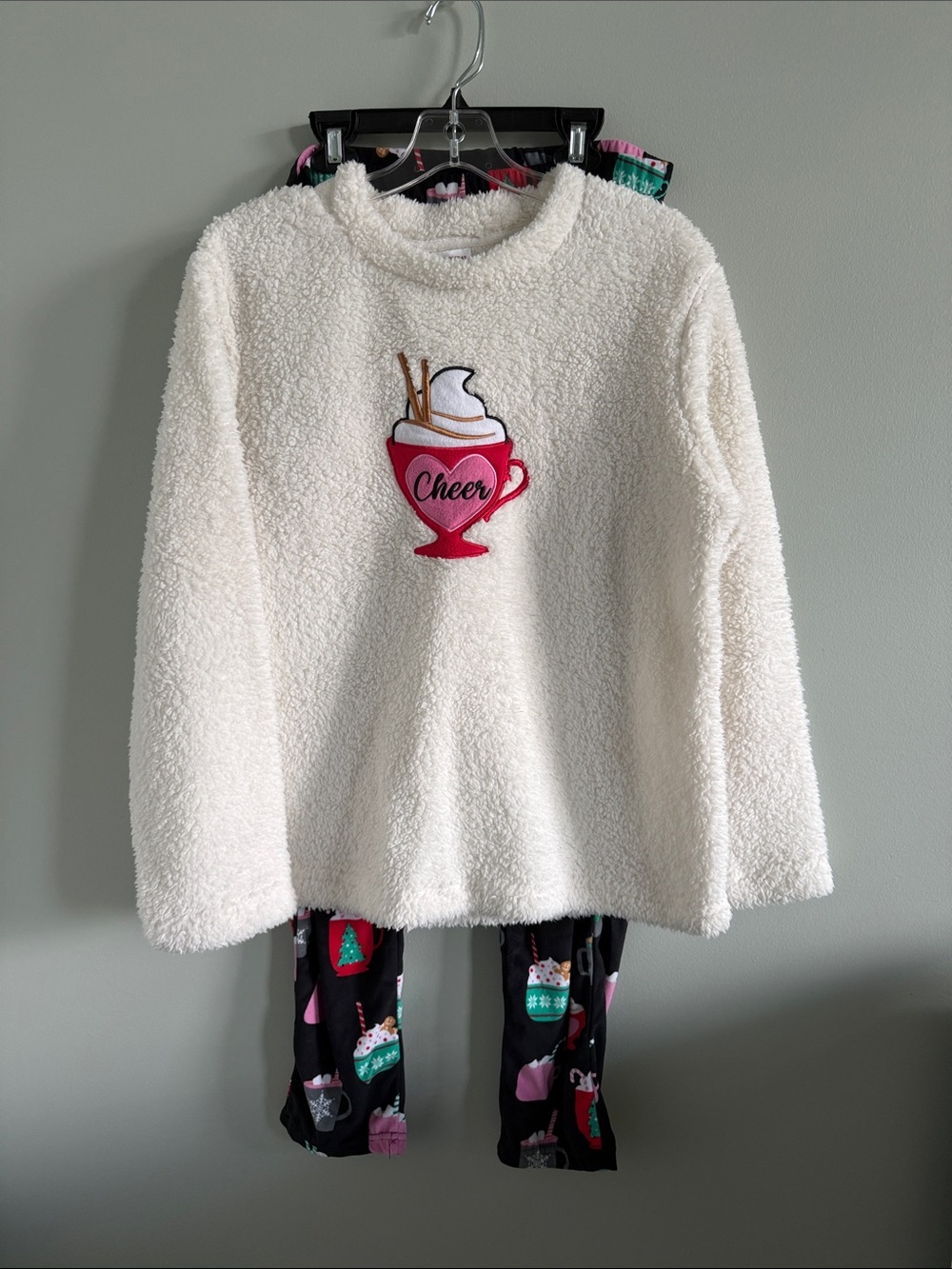 Holiday Time Cream Sherpa Top with Red Cup Patch and Black Holiday Print Pants